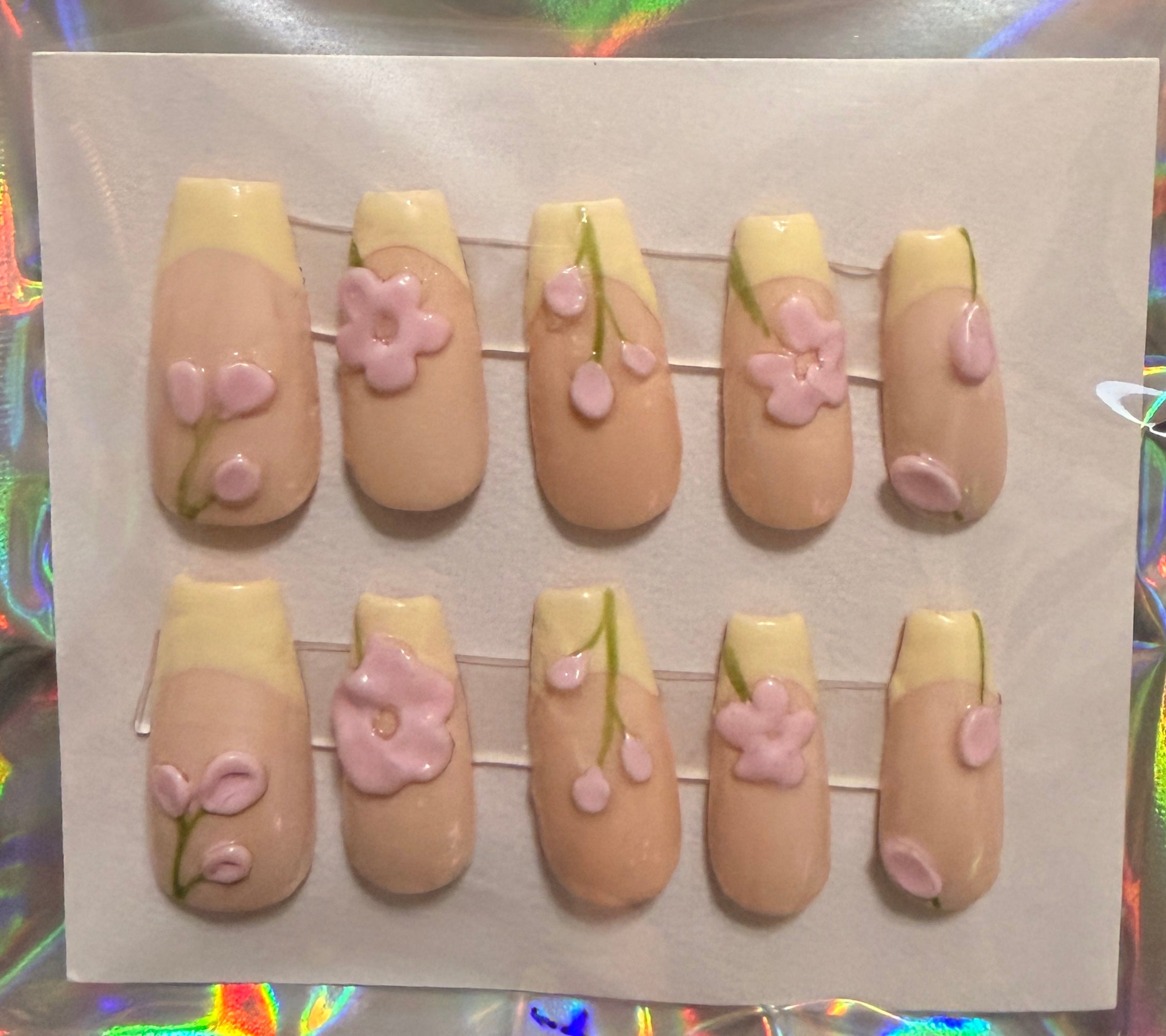 Yellow & Pink 3D Cherry Blossom False Nail Set